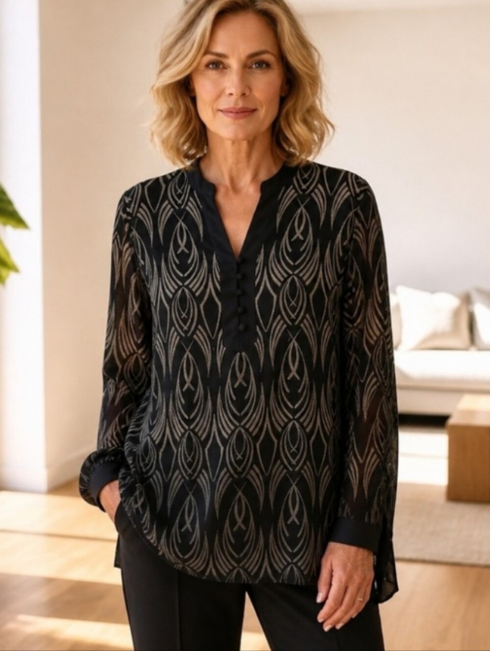 JM Collection Black Sheer Geometric-Print Long Sleeve Blouse